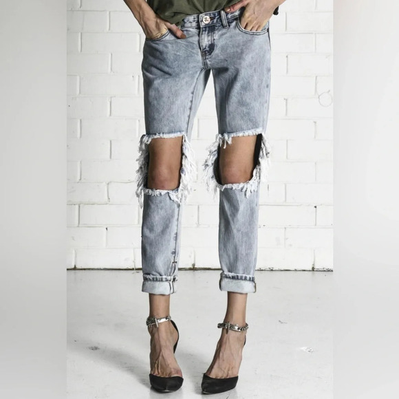 One Teaspoon Freebirds Skinny Jeans Straight Leg low  rise distressed light wash - Picture 4 of 16